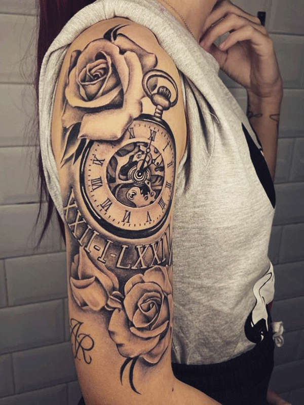 Tatuaje-Reloj-y-Rosas-Realista